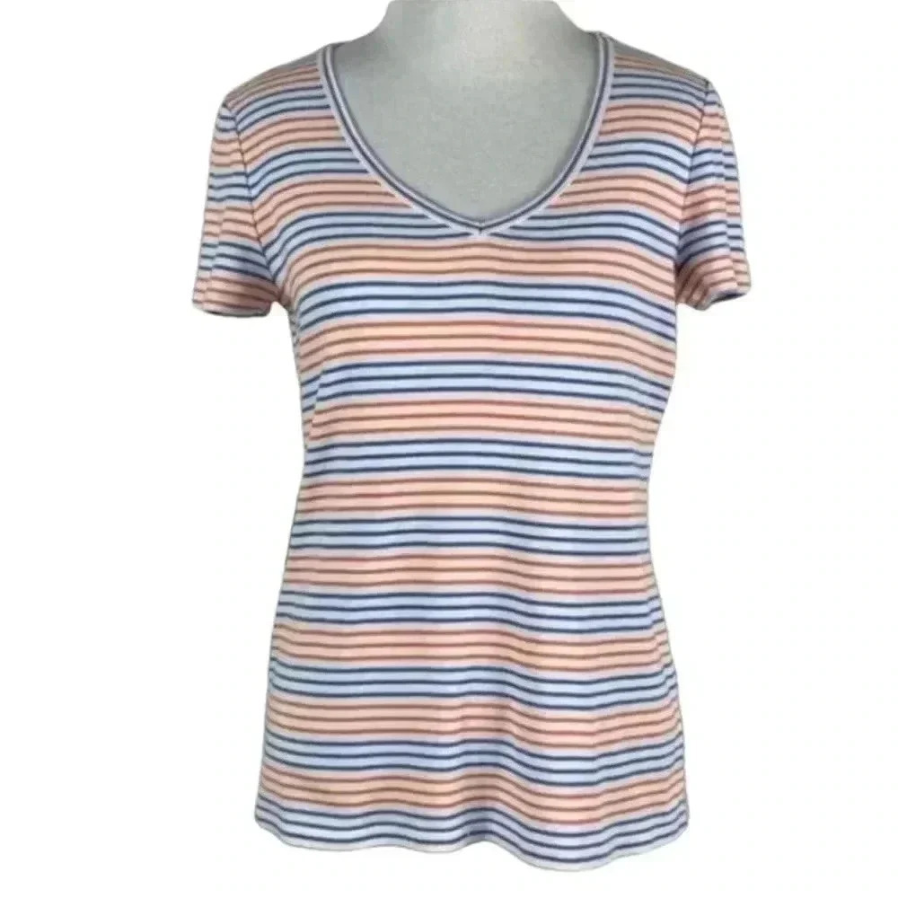 Talbots womens top size S orange blue white striped V-neck